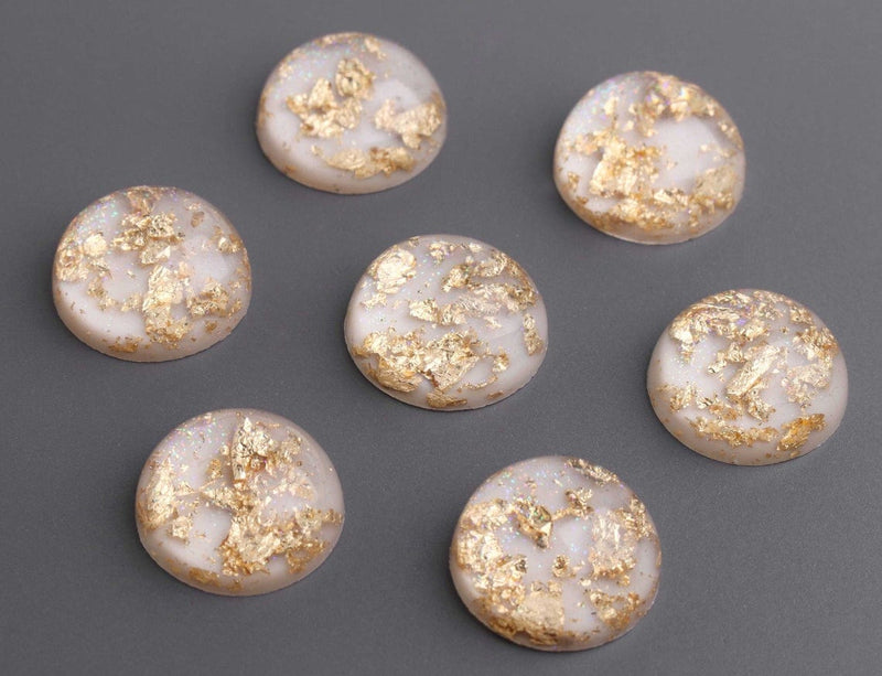 4 Champagne Cabochons with Gold Leaf Flakes, Round Flat Backs, Resin and Holographic Glitter, 20mm