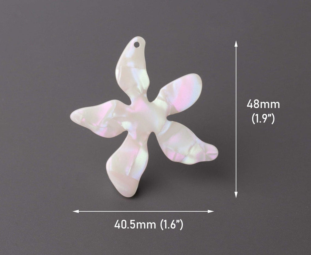 2 White Flower Charms with Rainbow Iridescence, Cellulose Acetate, 48