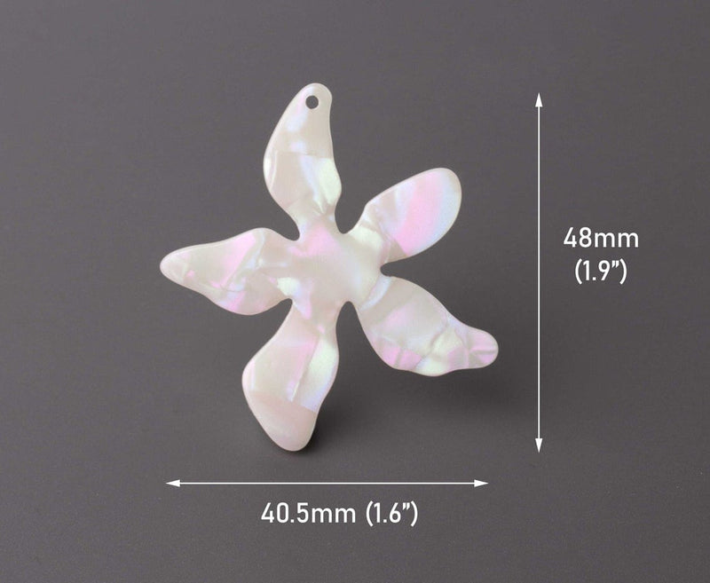 2 White Flower Charms with Rainbow Iridescence, Cellulose Acetate, 48 x 40.5mm