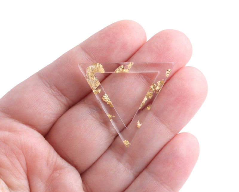 2 Large Triangle Ring Charms with Gold Leaf Foil Flakes, Clear Acrylic, 34.5 x 30.5mm