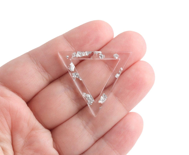 2 Large Triangle Ring Charms with Silver Leaf Foil Flakes, Transparent Clear Acrylic, 34.5 x 30.5mm
