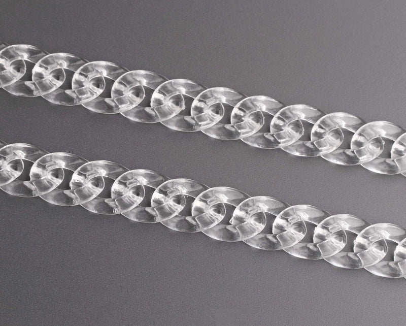 1ft Small Clear Chain with Cuban Links, 18mm, Transparent Acrylic, Flat Curb Chain