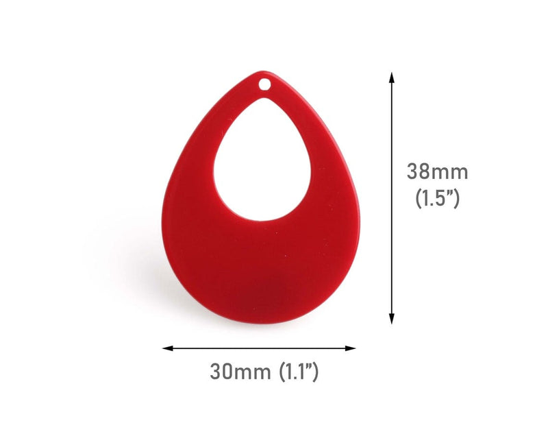 4 Maroon Red Teardrop Pendants, Blanks for Earring Pieces, Acrylic Plastic, 38 x 30mm