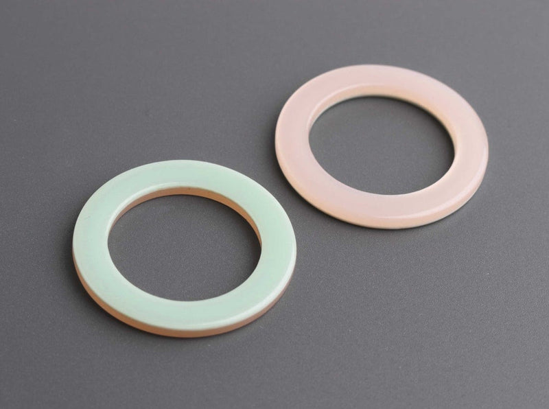 2 Round Washer Charms in Light Green and Pink, Thick Flat Ring Links, Seamless, Cellulose Acetate, 29mm