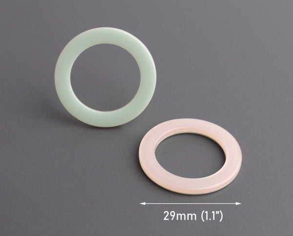 2 Round Washer Charms in Light Green and Pink, Thick Flat Ring Links, Seamless, Cellulose Acetate, 29mm