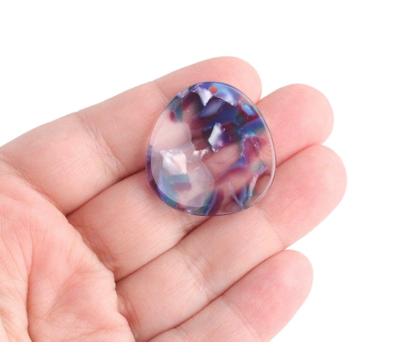2 Flower Petal Charms with Blue and Purple, Oval Drops, Transparent, Cellulose Acetate, 30 x 28.5mm