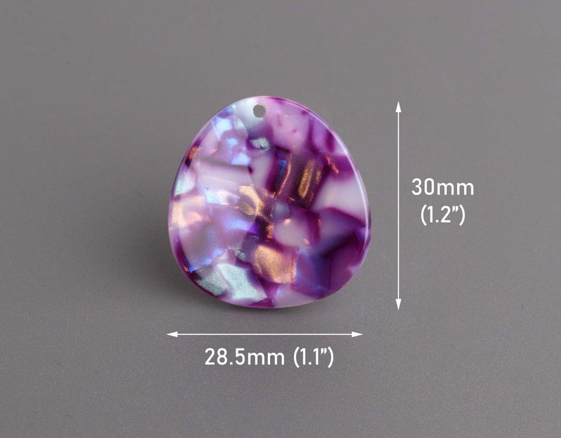 2 Purple Flower Petal Charms, Holographic and Iridescent Colors, Oval Shape, Cellulose Acetate, 30 x 28.5mm