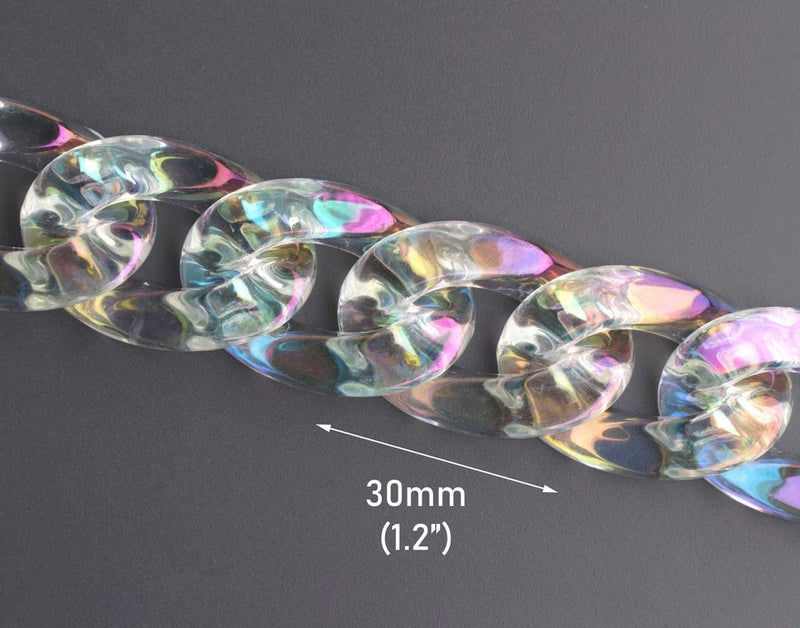 1ft Large Opal Clear Acrylic Chain Links, 30mm, Iridescent, Color Changing, For Crafts