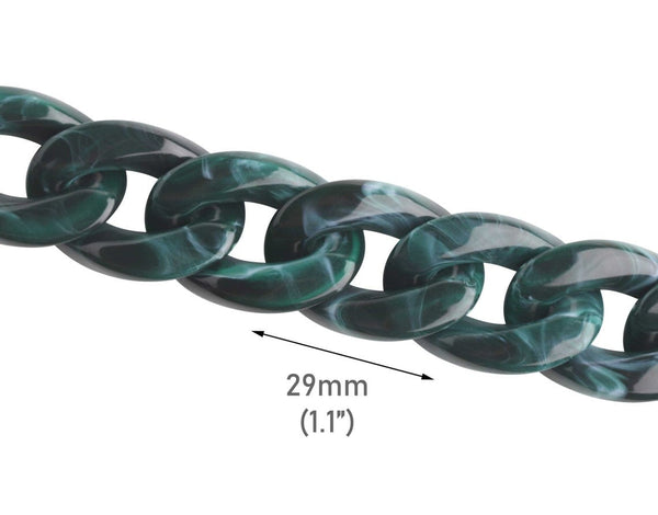 1ft Forest Green Acrylic Chain Links, 29mm, Dark Green Marble, For Cuban Link Necklaces