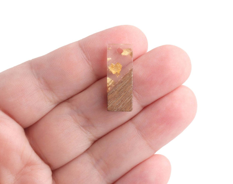 4 Short Bar Charms in Wood and Resin, Gold Leaf Foil Flakes, Translucent Resin and Real Wood, 23 x 8.5mm