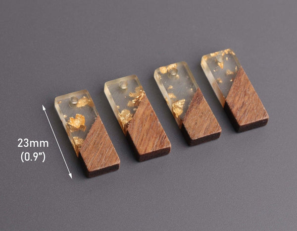 4 Short Bar Charms in Wood and Resin, Gold Leaf Foil Flakes, Translucent Resin and Real Wood, 23 x 8.5mm