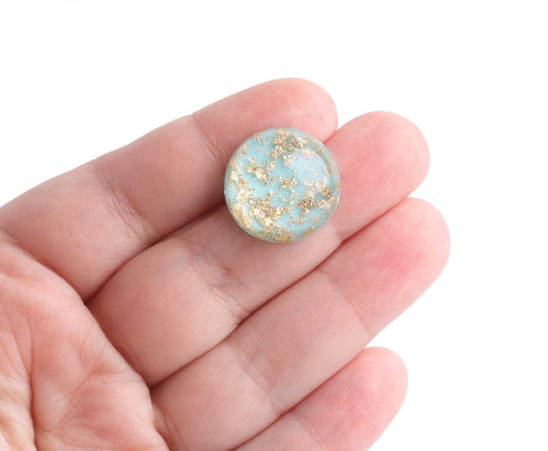 4 Mint Green Cabochons with Gold Flecks, High Dome, Round Cabs, Resin and Holographic Glitter, 20mm