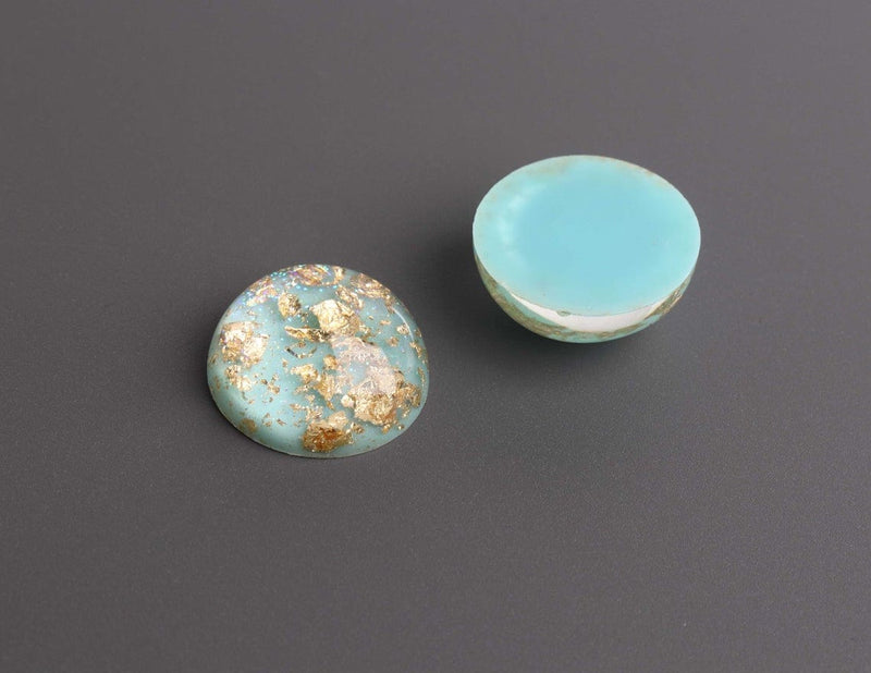 4 Mint Green Cabochons with Gold Flecks, High Dome, Round Cabs, Resin and Holographic Glitter, 20mm