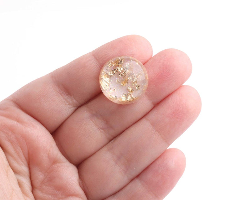 4 Champagne Cabochons with Gold Leaf Flakes, Round Flat Backs, Resin and Holographic Glitter, 20mm