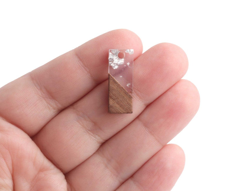 4 Short Bar Charms in Wood and Resin, Silver Leaf Foil Flakes, Clear Resin and Real Wood, 23 x 8.5mm