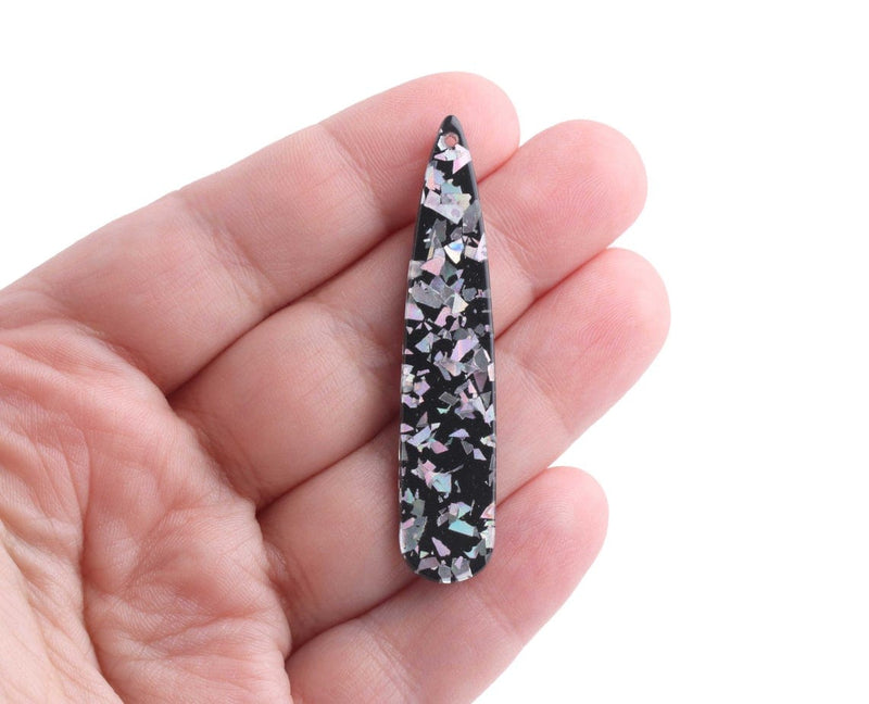 4 Black Teardrop Charms with Silver Foil Flakes, Holographic Glitter and Acrylic, 54.5 x 11mm