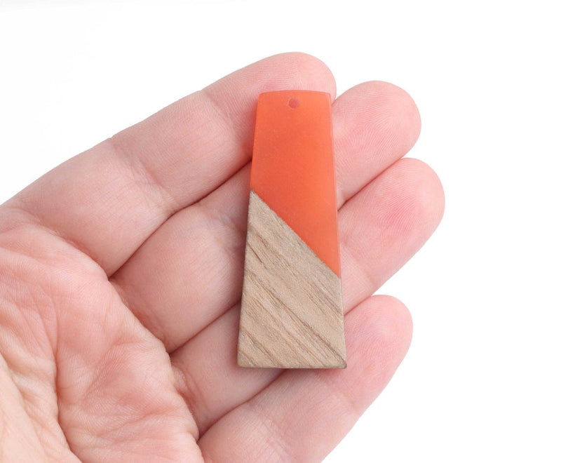 2 Orange Resin and Wood Charms, Trapezoid Shape, Epoxy Resin, Real Wood Slice, 49 x 19.25mm