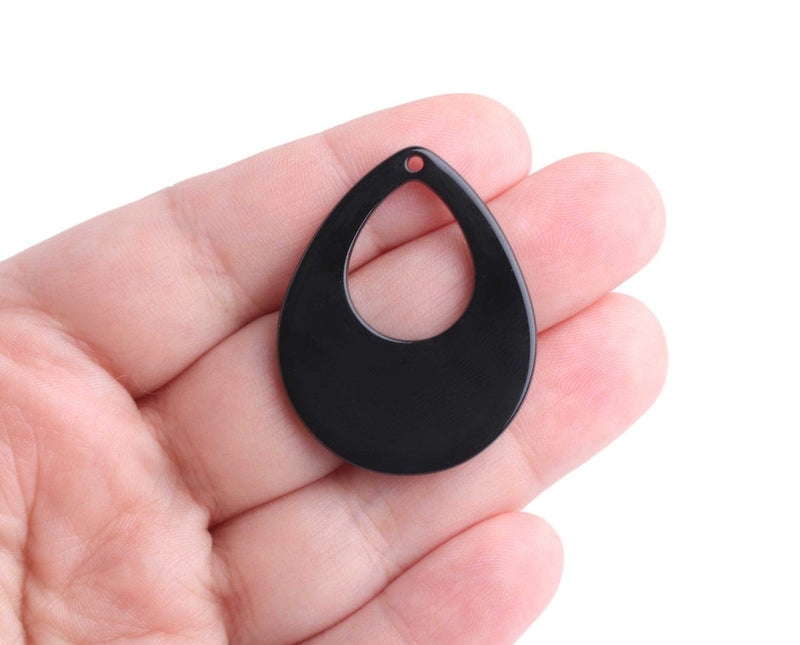 4 Black Teardrop Pendants, Lightweight Earring Drops, Acrylic Plastic, 38 x 30mm