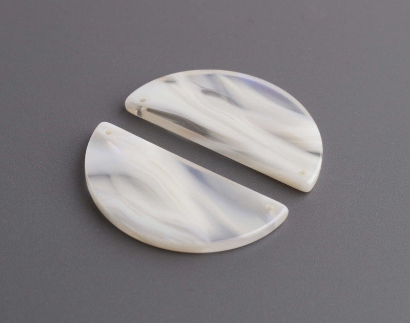 2 Cream Half Moon Connectors with 2 Holes, Ivory with Blue and Gold Flashes, Cellulose Acetate, 37 x 18mm