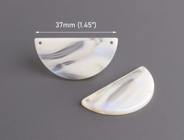 2 Cream Half Moon Connectors with 2 Holes, Ivory with Blue and Gold Flashes, Cellulose Acetate, 37 x 18mm