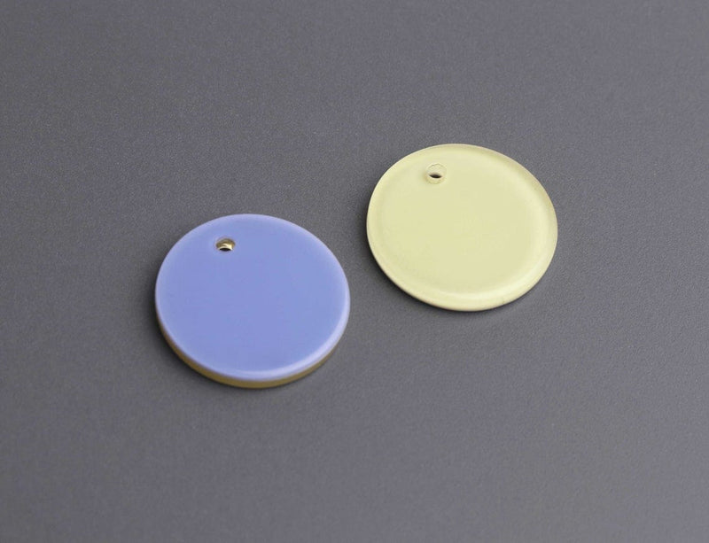 4 Small Circle Charms in Yellow and Blue Purple, Two Sided, Flat Round Discs, Cellulose Acetate, 20mm