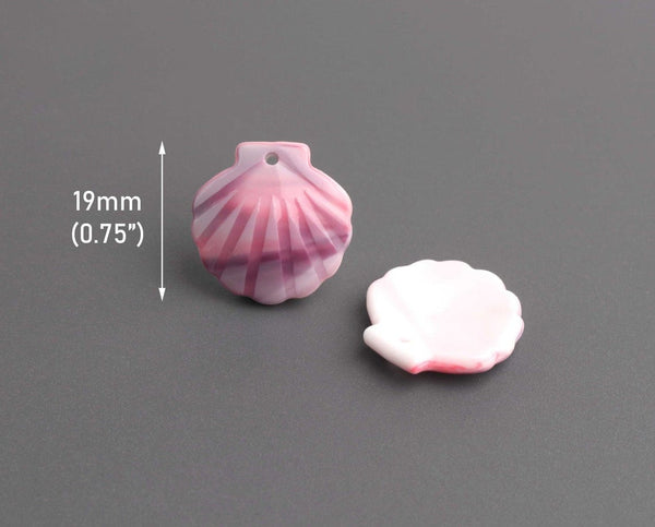 4 Tiny Seashell Charms in Purple, Pink and White, Scallop Shell Beads, Acrylic Plastic, 19 x 18.5mm