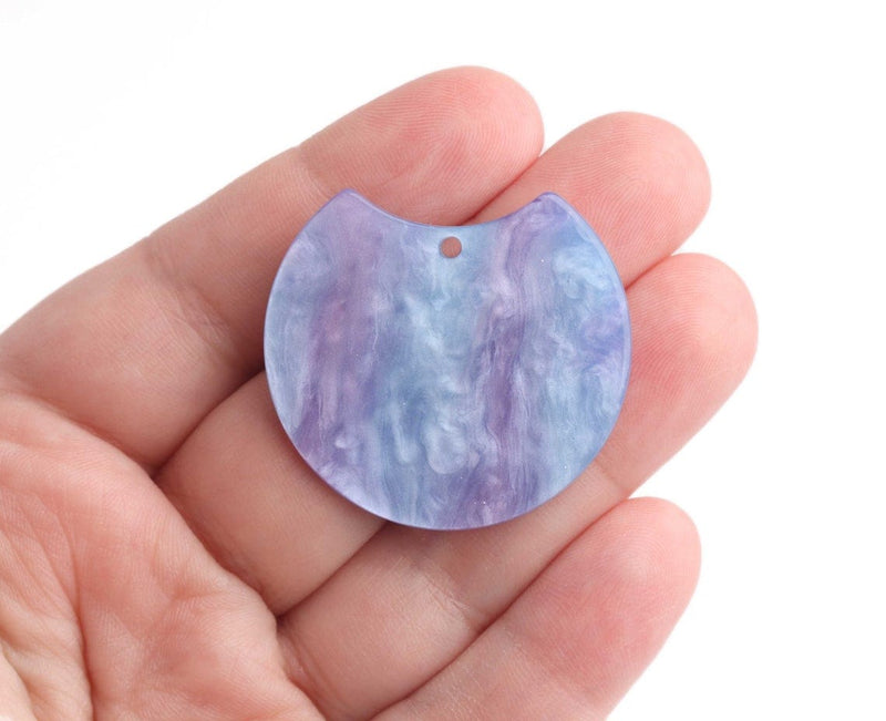2 Large Half Circle Charms in Blue and Purple Marble, Glitter Acrylic, 36.5 x 33.5mm
