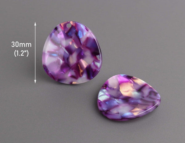 2 Purple Flower Petal Charms, Holographic and Iridescent Colors, Oval Shape, Cellulose Acetate, 30 x 28.5mm