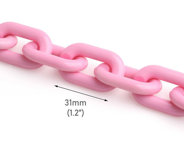 1ft Baby Pink Acrylic Chain Links, 31mm, Opaque Colored, For Pastel Necklaces