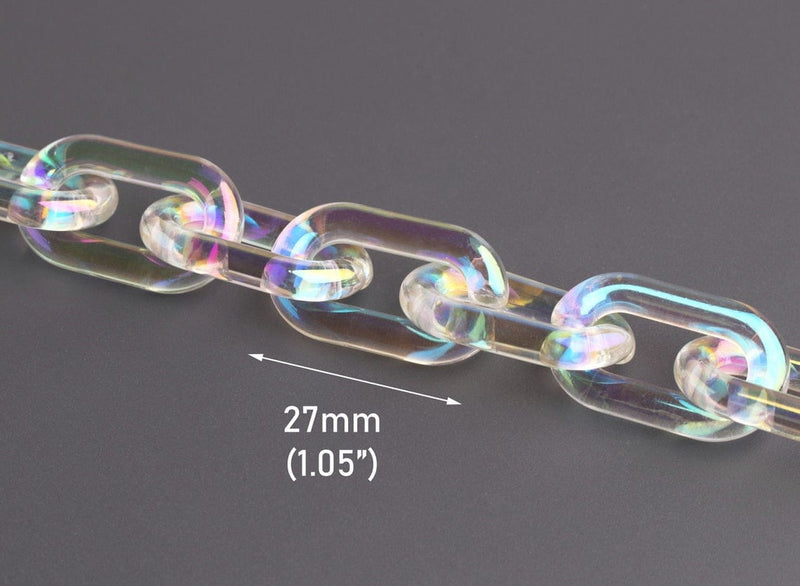 1ft Opal Clear Acrylic Chain Links, 27mm, Iridescent, Paperclip Connectors