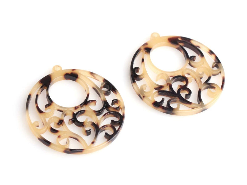 2 Round Filigree Charms in Blonde Tortoise Shell, Scrollwork Pattern, Acetate Plastic, 40 x 38mm