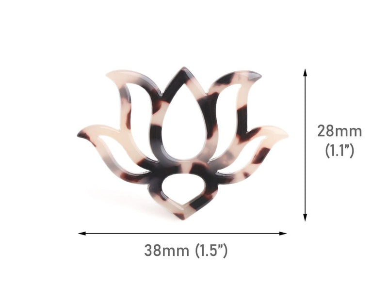 2 Blooming Lotus Flower Charm Links in Blonde Tortoise Shell, Resin Pendants, Yoga Spiritual Practice, Acetate, 35 x 28mm