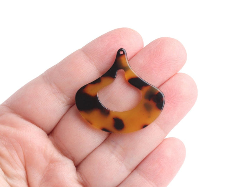2 Boho Open Paddle Charms in Tortoise Shell, Large Resin Pendant, Teardrops, Acetate, 35 x 33.5mm