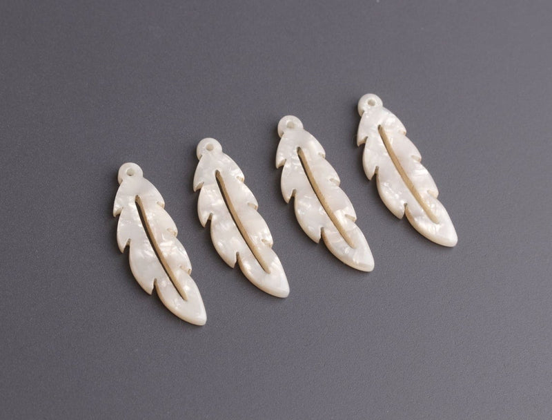 4 Boho Feather Charms in Pearl White, Dove, Swan and Snow Owl Feathers, Faux Mother of Pearl, Acetate, 28.5 x 9mm
