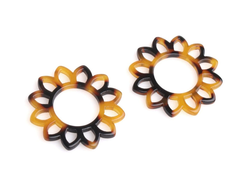 2 Sunflower Charms in Tortoise Shell, Sun Pendant Links, Resin Settings, Acetate Plastic, 33mm