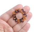 2 Sunflower Charms in Tortoise Shell, Sun Pendant Links, Resin Settings, Acetate Plastic, 33mm