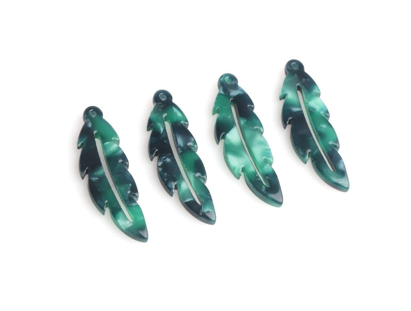 4 Boho Green Feather Charms, Peacock, Tiny Resin Dangles for Earrings, Plastic Acetate, 28.5 x 9mm