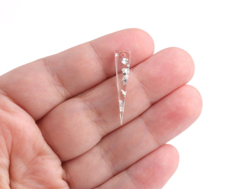 4 Clear Acrylic Spike Charms with Silver Foil Flakes, Edgy, Small Triangle Drops, Plastic, 28.5 x 6mm