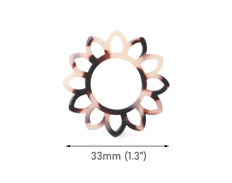 2 Sunflower Charms in Blonde Tortoise Shell, Sun Pendant Links, Flower Resin Settings, Celestial Style, Cellulose Acetate, 33mm