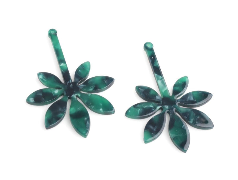 2 Japanese Maple Leaf Charms in Dark Green Tortoise Shell, Flower Pendant, Plastic Acetate, 50 x 35mm