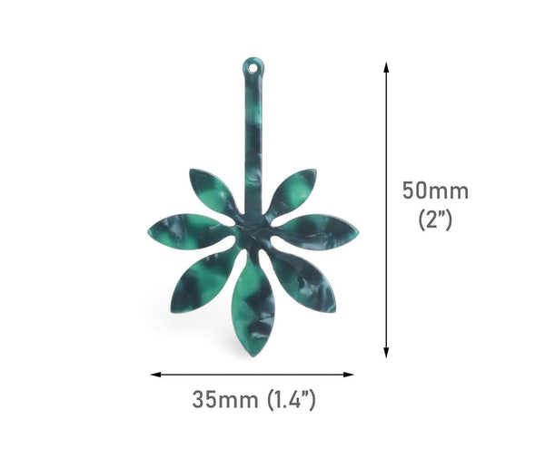 2 Japanese Maple Leaf Charms in Dark Green Tortoise Shell, Flower Pendant, Plastic Acetate, 50 x 35mm