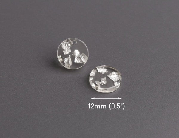 4 Crystal Clear Acrylic Charms with 1 Hole, Silver Foil Flakes, Tiny Round Discs, 12mm