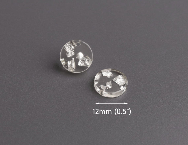 4 Crystal Clear Acrylic Charms with 1 Hole, Silver Foil Flakes, Tiny Round Discs, 12mm