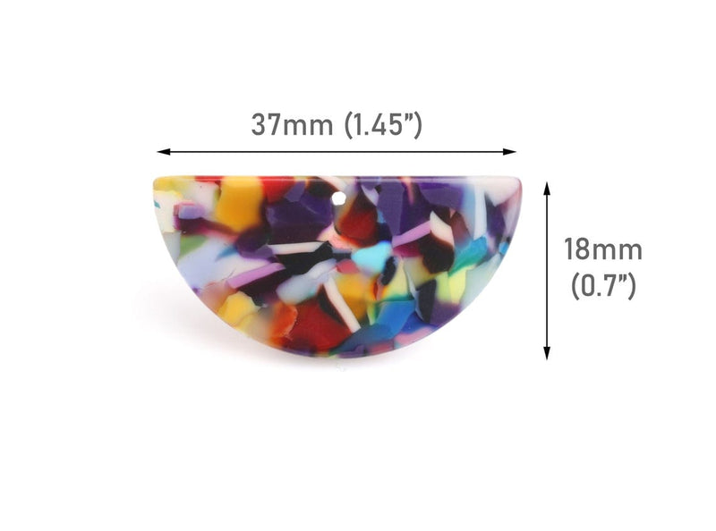 2 Large Half Circle Pendants in Rainbow Confetti, Semi-Circle Shapes, Half Moon Blanks, Acetate Plastic, 37 x 18mm