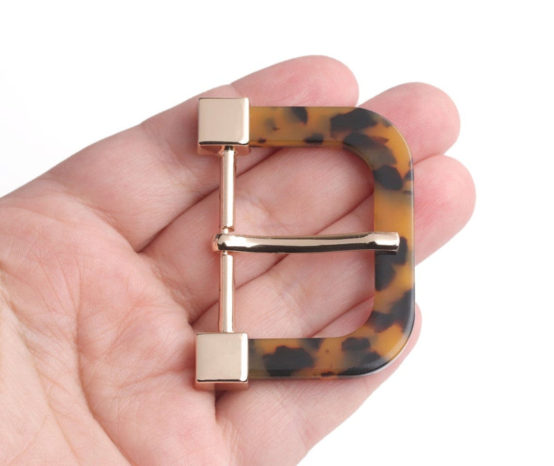 1 Large Tortoise Buckle, Orange Tortoise Shell and Gold, Heel Bar Buckle, Metal and Acetate, 2.1 x 1.6" Inch