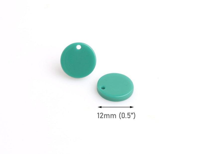 4 Emerald Green Charm Beads, Tiny Round Circles, Disc Blanks with 1 Hole, Acrylic, 12mm