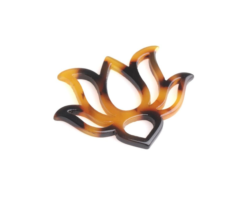 2 Lotus Flower Charm Links in Tortoise Shell, Pond Water Lily Pendants, Acetate Plastic, 35 x 28mm
