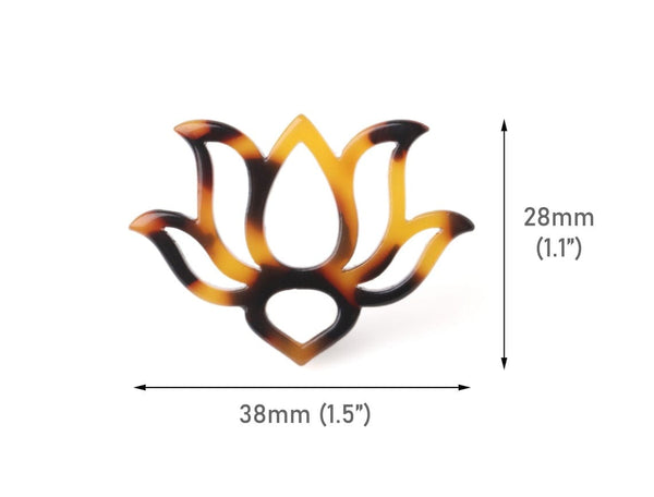 2 Lotus Flower Charm Links in Tortoise Shell, Pond Water Lily Pendants, Acetate Plastic, 35 x 28mm