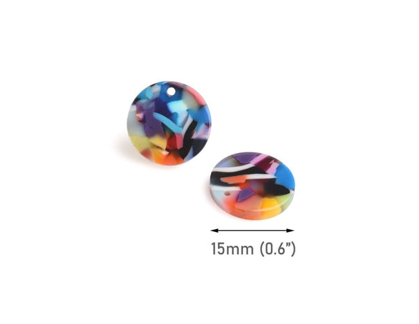 4 Small Round Charms in Rainbow Confetti, Earring Drop Blanks, Acetate, 15mm