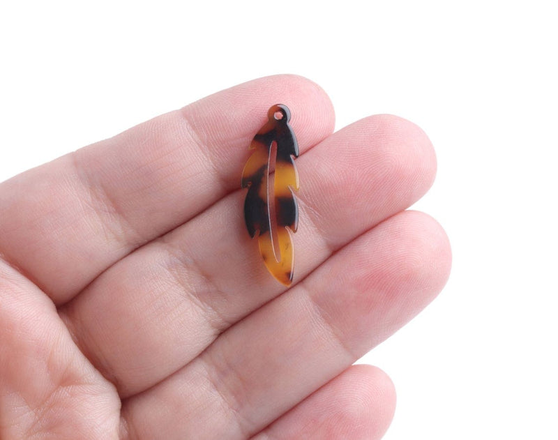 4 Boho Feather Charms in Tortoise Shell, Tiny Leaf Pendants for Keychains, Dream Catcher Charms, Acetate, 28.5 x 9mm
